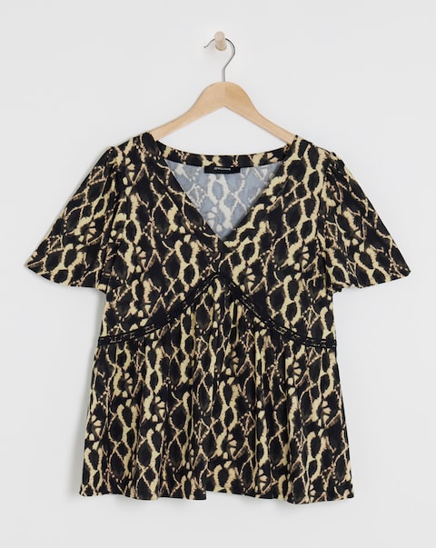 Black Print Crochet Contrast Top