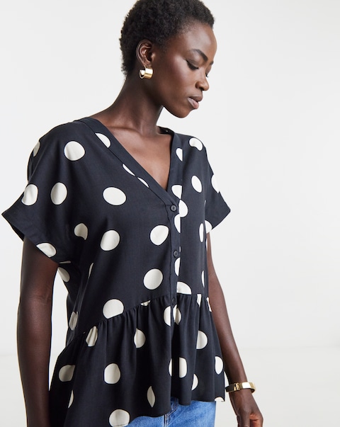 Black Spot Print Short Sleeve Button Through Top