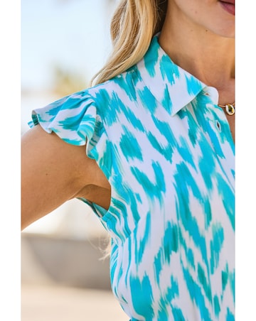 Sosandar Blue Ikat Print Ruffle Sleeve Shirt Dress