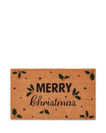 Merry Christmas Holly Coir Doormat