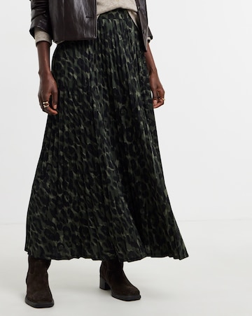 Khaki Leopard Jersey Pleated Midaxi Skirt