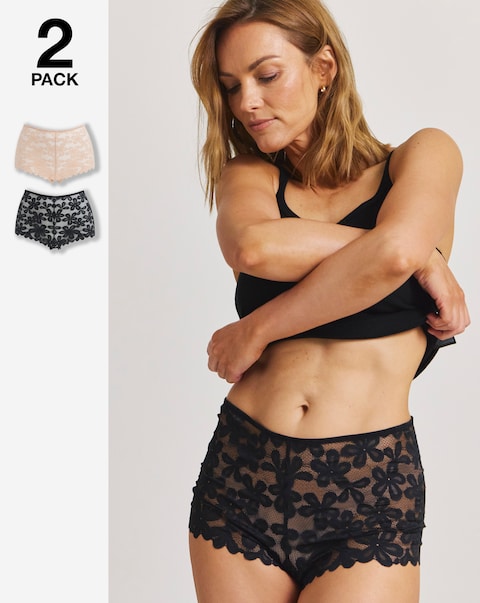 Pretty Secrets (2 Pack) Daisy Lace Short Knickers Black/Almond