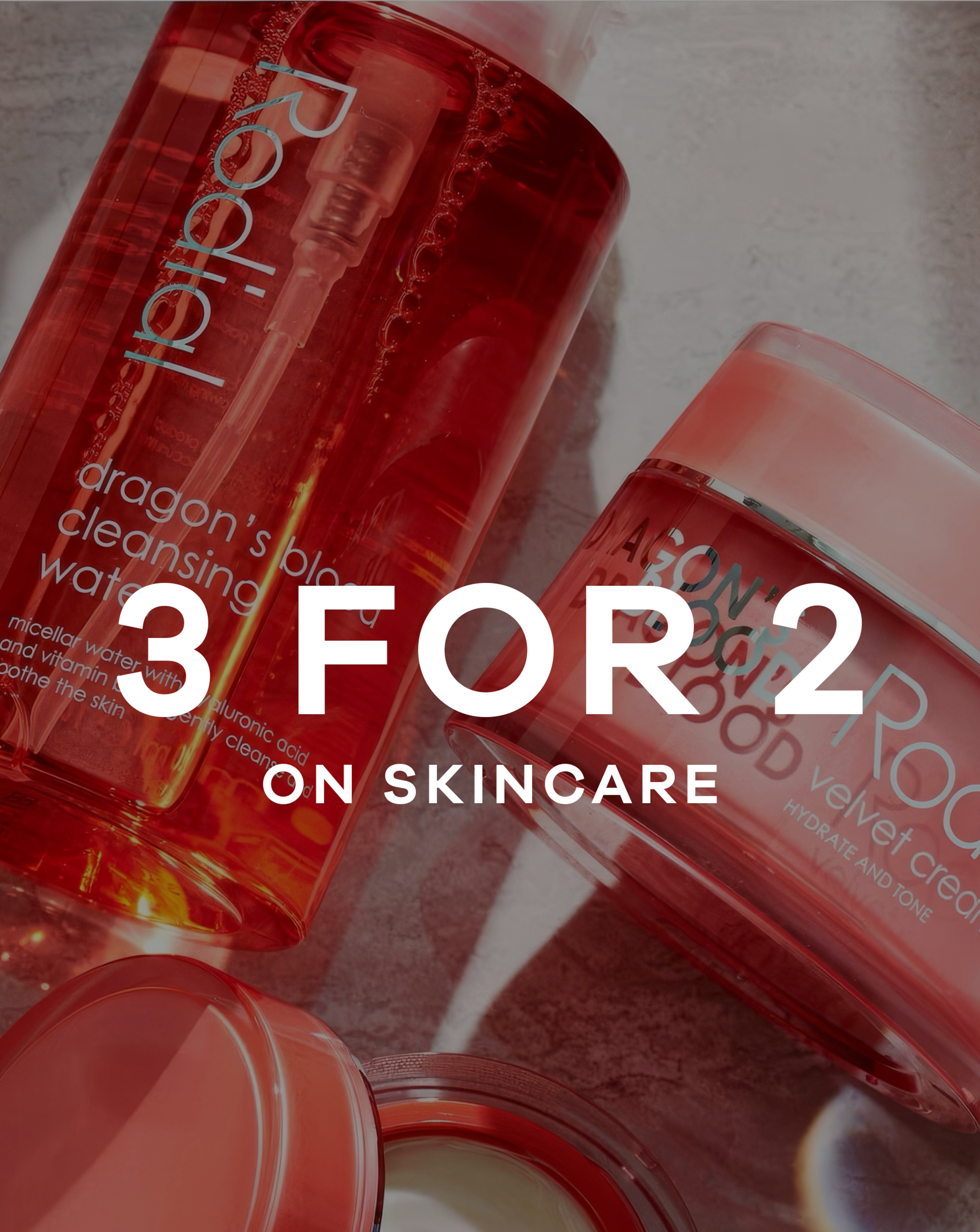 A collection of Rodial skincare products. 3 for 2 on skincare