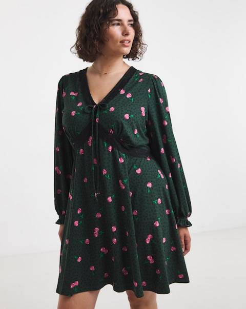 Simply Be Leopard And Cherry Print Lace Trim Jersey Skater Dress