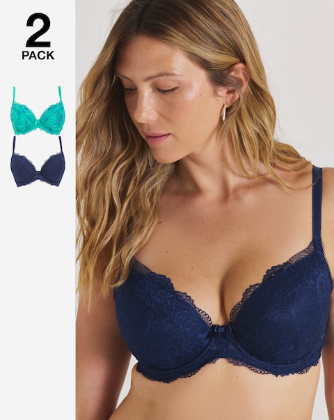 Pretty Secrets (2 Pack) Ella Lace Padded Plunge Wired Bras (B-F ) Aqua/Blue
