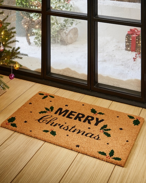 Merry Christmas Holly Coir Doormat