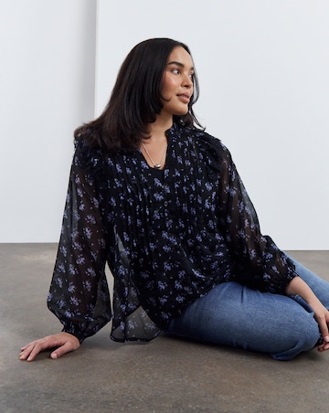 Simply Be Black Ditsy Lace Trim Chiffon Tuxedo Detail Blouse