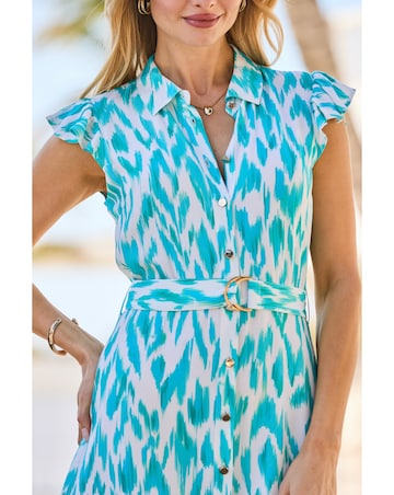 Sosandar Blue Ikat Print Ruffle Sleeve Shirt Dress