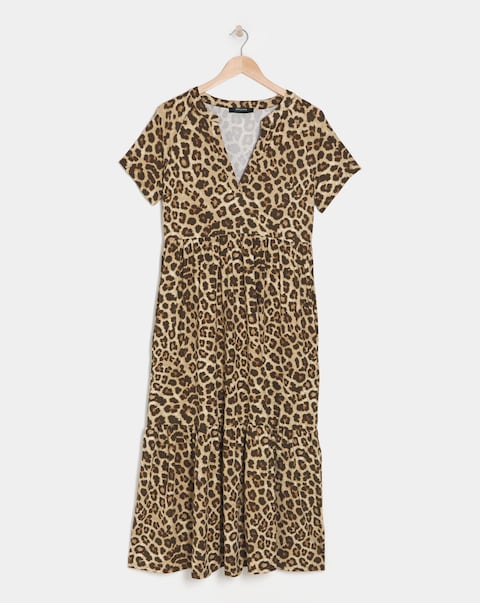 Animal Print Notch Neck Short Sleeve Maxi Dress