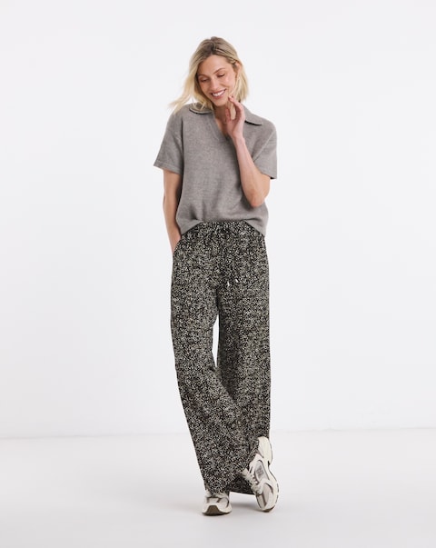Khaki Print Textured Jersey Tie Waist Wide Leg Trouser