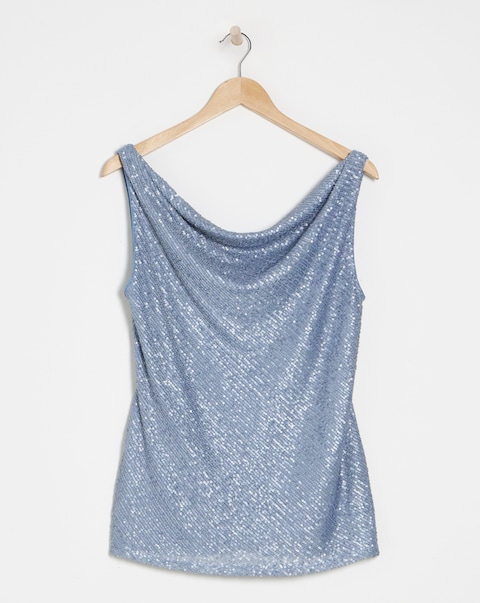 Reversible Pale Blue Cowl Neck Sequin Vest