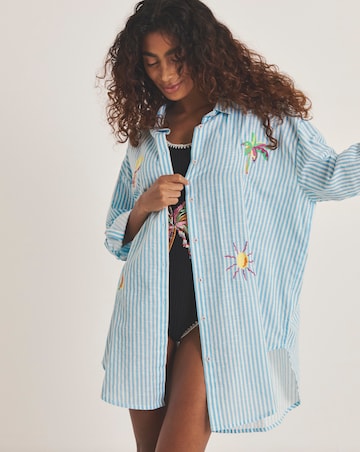Embroidered Button Up Stripe Beach Shirt