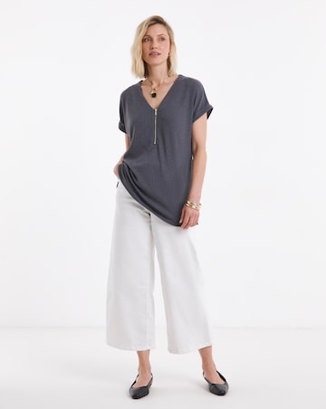 Grey V Neck Zip Front Longline Top