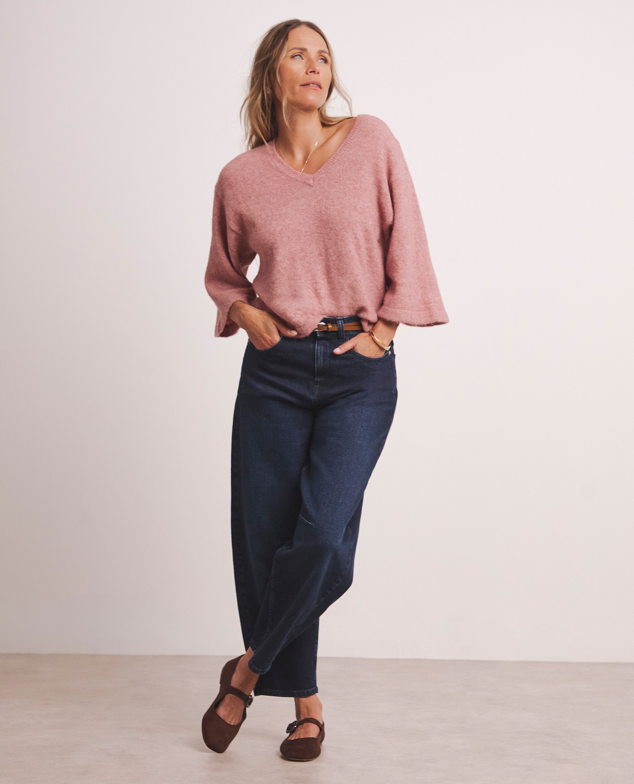 Model wears 24/7 Dark Blue Wide Crop Jeans