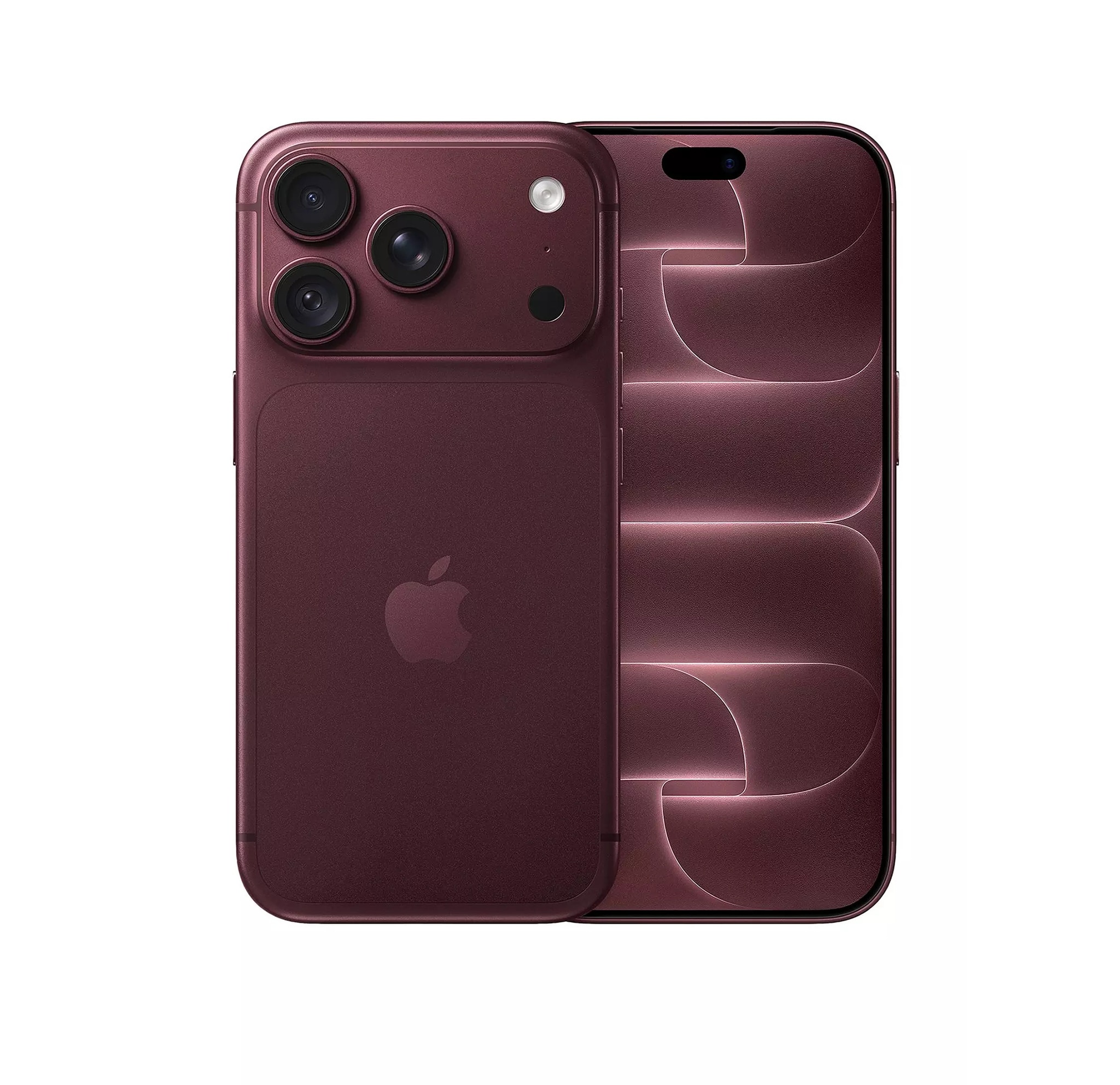 Two burgundy Apple iPhone 18s. One showing the back with 3 camera lenses and the other behind partially hidden showing the screen