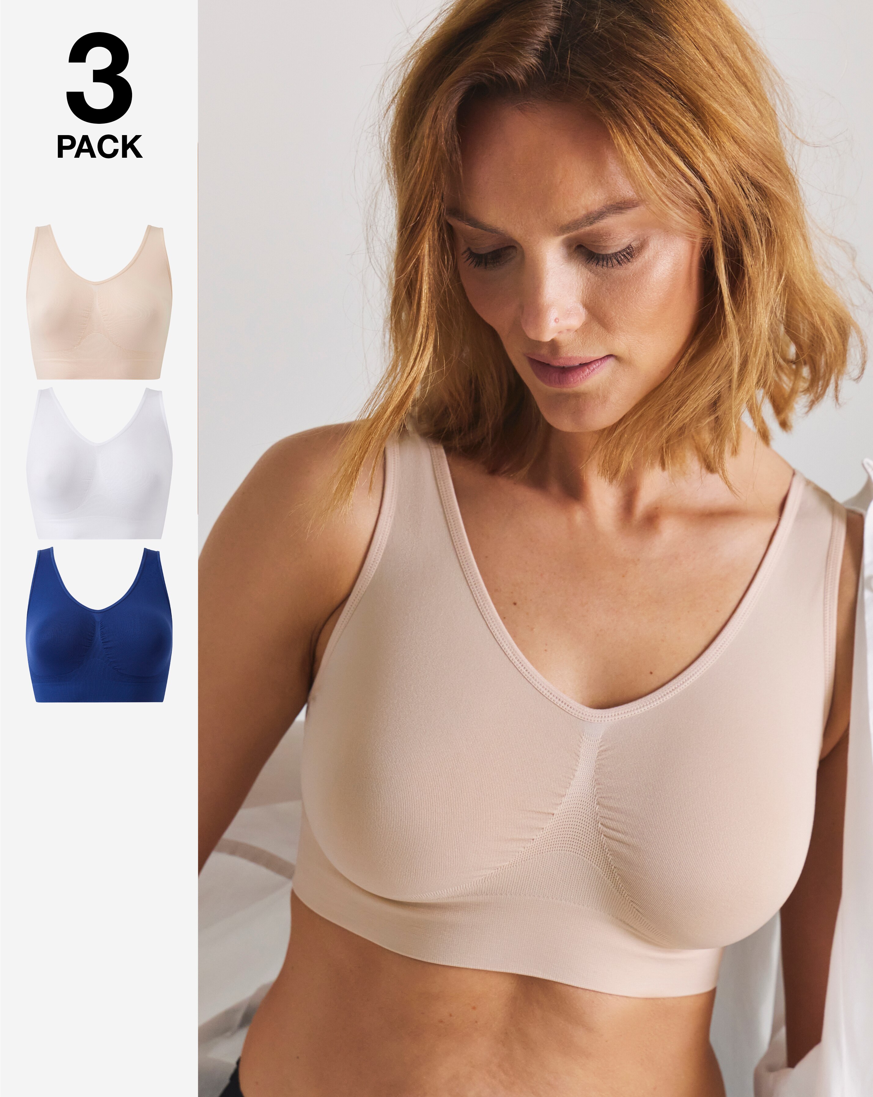 Pretty Secrets (3 Pack) Seamless Comfort Tops (Fits Up To D) Navy/Blush/White