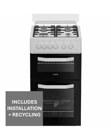 Hotpoint HTG5GCWL 50cm Gas Twin Cooker with Glass Lid - White + installation