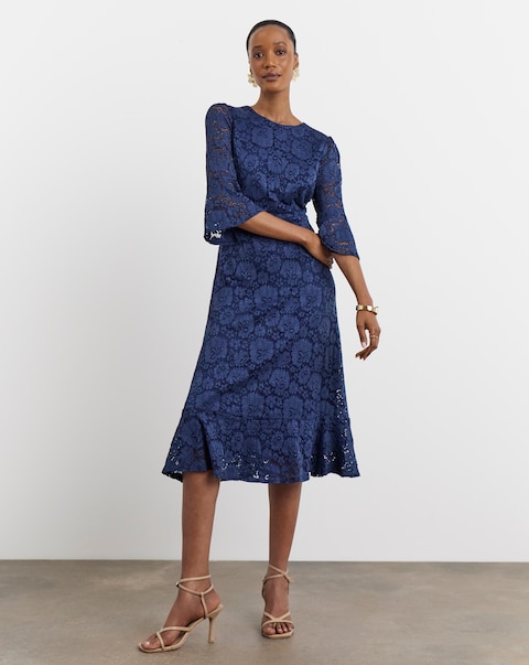Joanna Hope Fluted Sleeve Stretch Lace Midi Dress