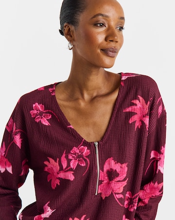 Floral Printed Zip Front Long Sleeve Longline Top
