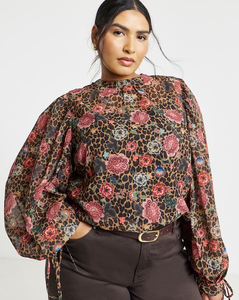 Simply Be Leopard Print High Neck Georgette Blouse