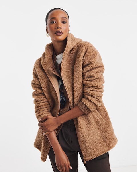 Camel Borg Longline Zip Through Hoodie