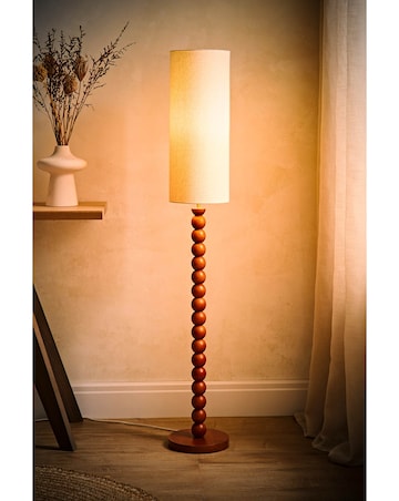 ValueLights Wyatt Wood Bobble Floor Lamp With Tall Linen Shade