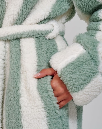 Loungeable Striped Cosy Borg Fleece Midi Hooded Dressing Gown