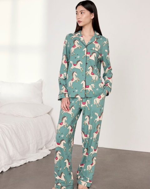 Chelsea Peers Organic Cotton Button Up Pyjama Set Carousel Horse Print