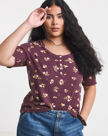Simply Be Chocolate Floral Printed Short Sleeve Henley Top