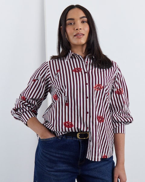Simply Be Burgundy Stripe Embroidered Shirt