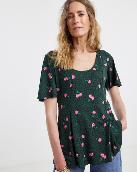 Leopard And Cherry Print Scoop Neck Angel Sleeve Longline Peplum Top
