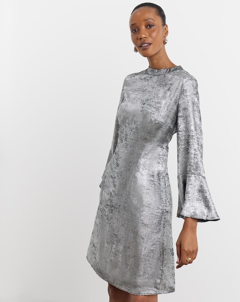 Joanna Hope Silver Foil Fluted Sleeve Dress
