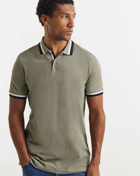 Tipped Pique Polo Long- Khaki