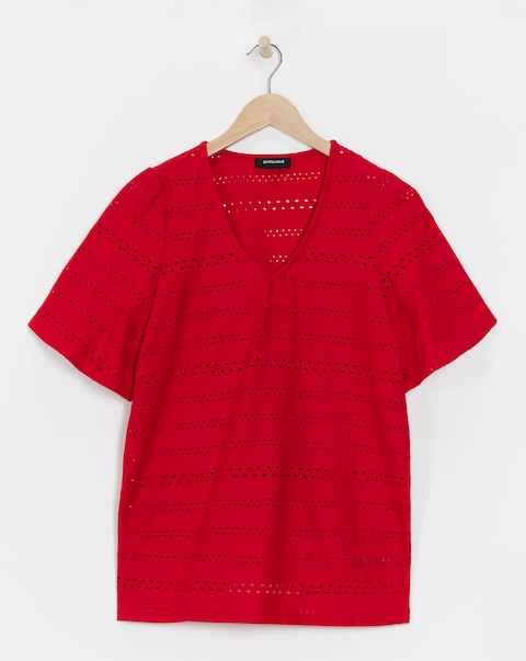Pure Cotton Red Broderie V-Neck Angel Sleeve Top