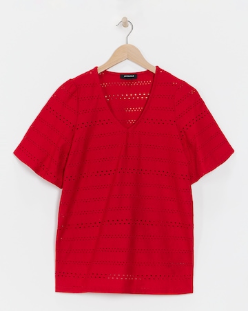 Pure Cotton Red Broderie V-Neck Angel Sleeve Top