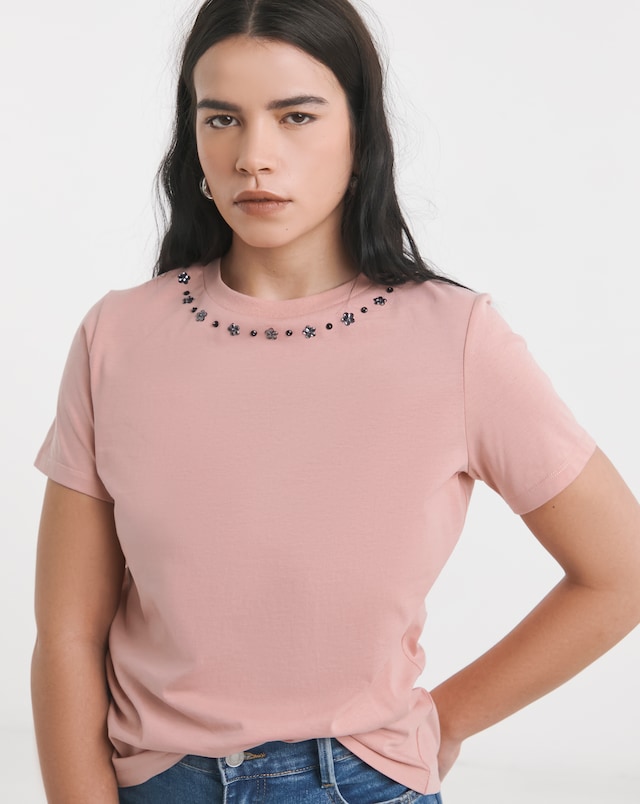 Simply Be Pink Embellished Neckline T-Shirt