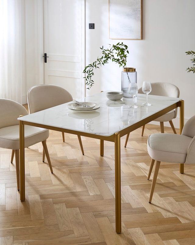 Thea Marble Effect Glass Top Dining Table With Gold Legs