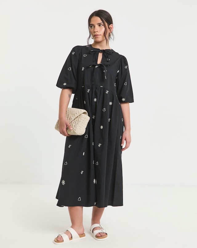 Simply Be Black Embroidered Bow Front Midi Dress