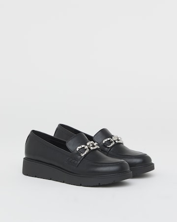 Heavenly Soles Paphos Low Wedge Loafers With Chain Trim - Extra Wide Fit (EEE)