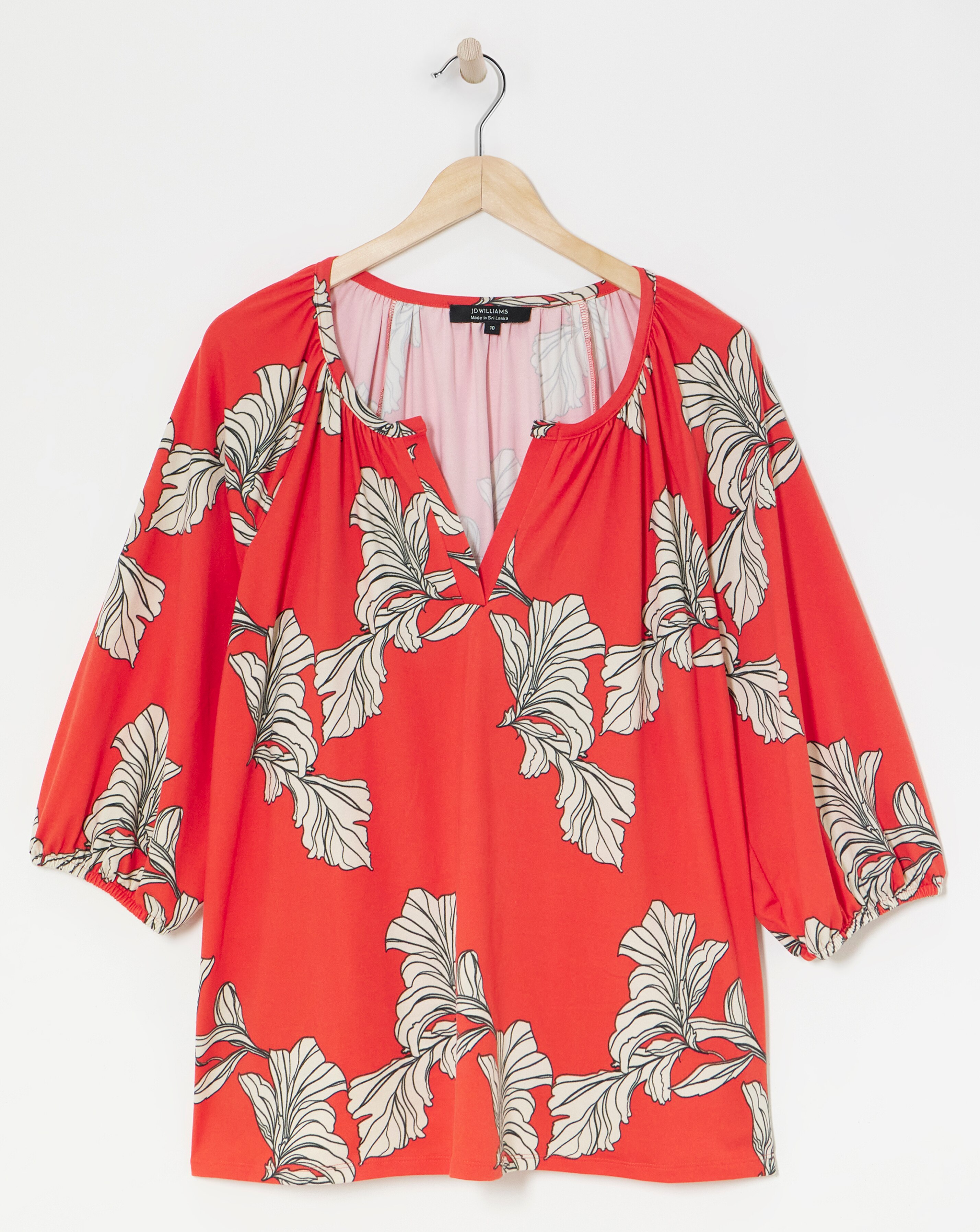 Red Floral Three Quarter Blousin Sleeve Jersey Top