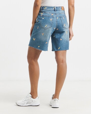 Simply Be Mid Blue Fruit Embroidered Denim Bermuda Short