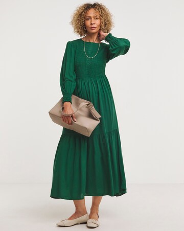 Zip Front Shirred Bodice Smock Dress