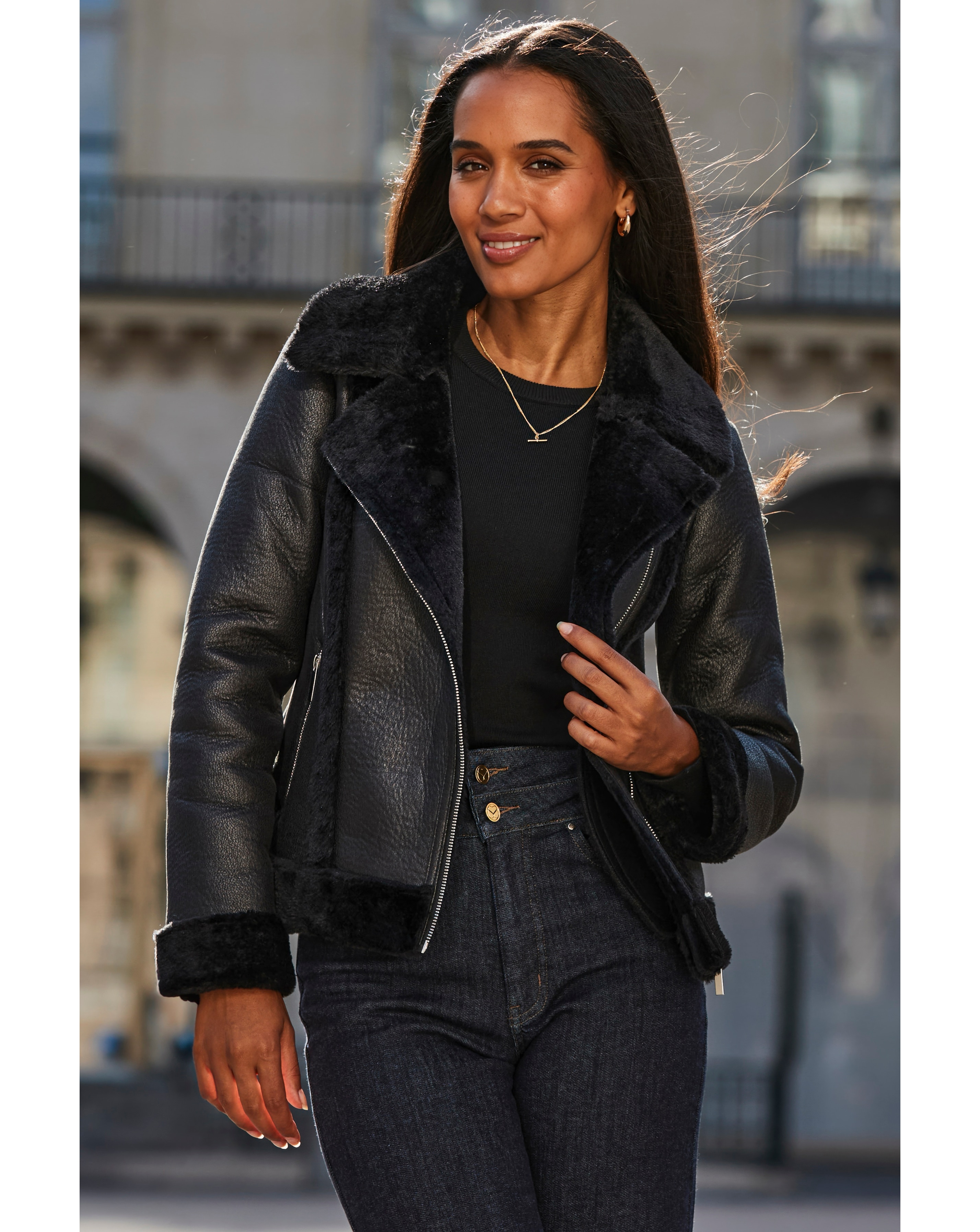 Sosandar Faux Shearling Aviator Jacket | JD Williams