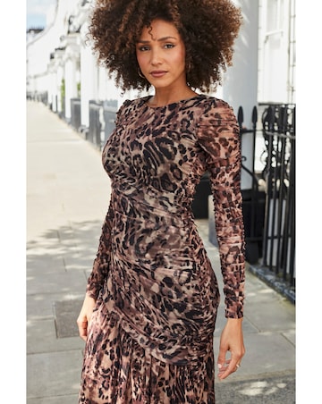 Sosandar Leopard Mesh Ruched Midi Dress