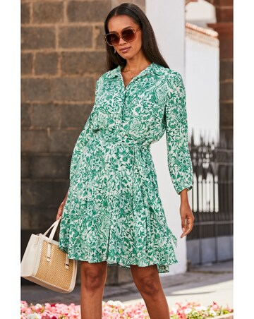 Sosandar White and Green Baroque Print Crinkle Shirt Dress