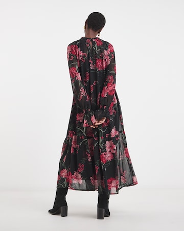 Shirred High Neck Tiered Maxi Dress