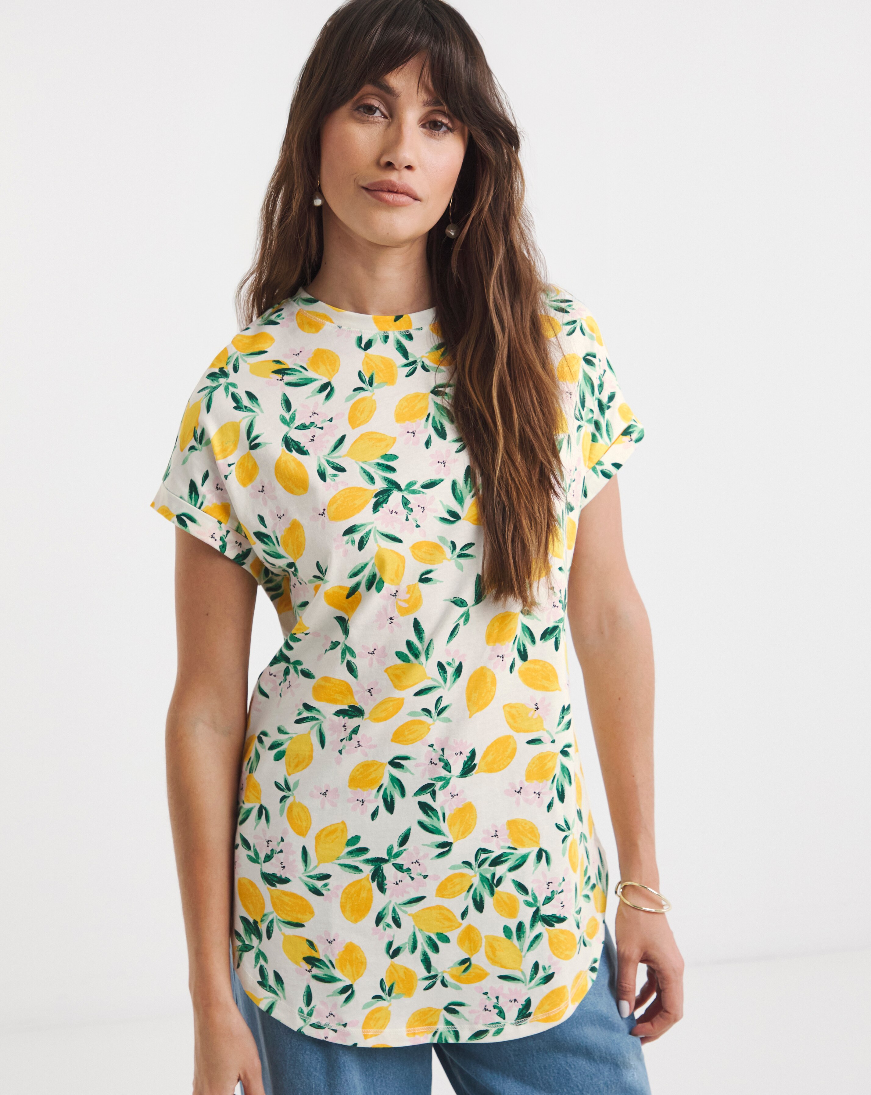 Pure Cotton Longline Short Sleeve Curved Hem