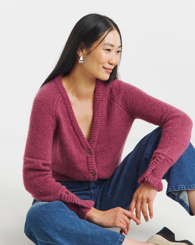 Frill Sleeve Fluffy Yarn Cardigan - Rose
