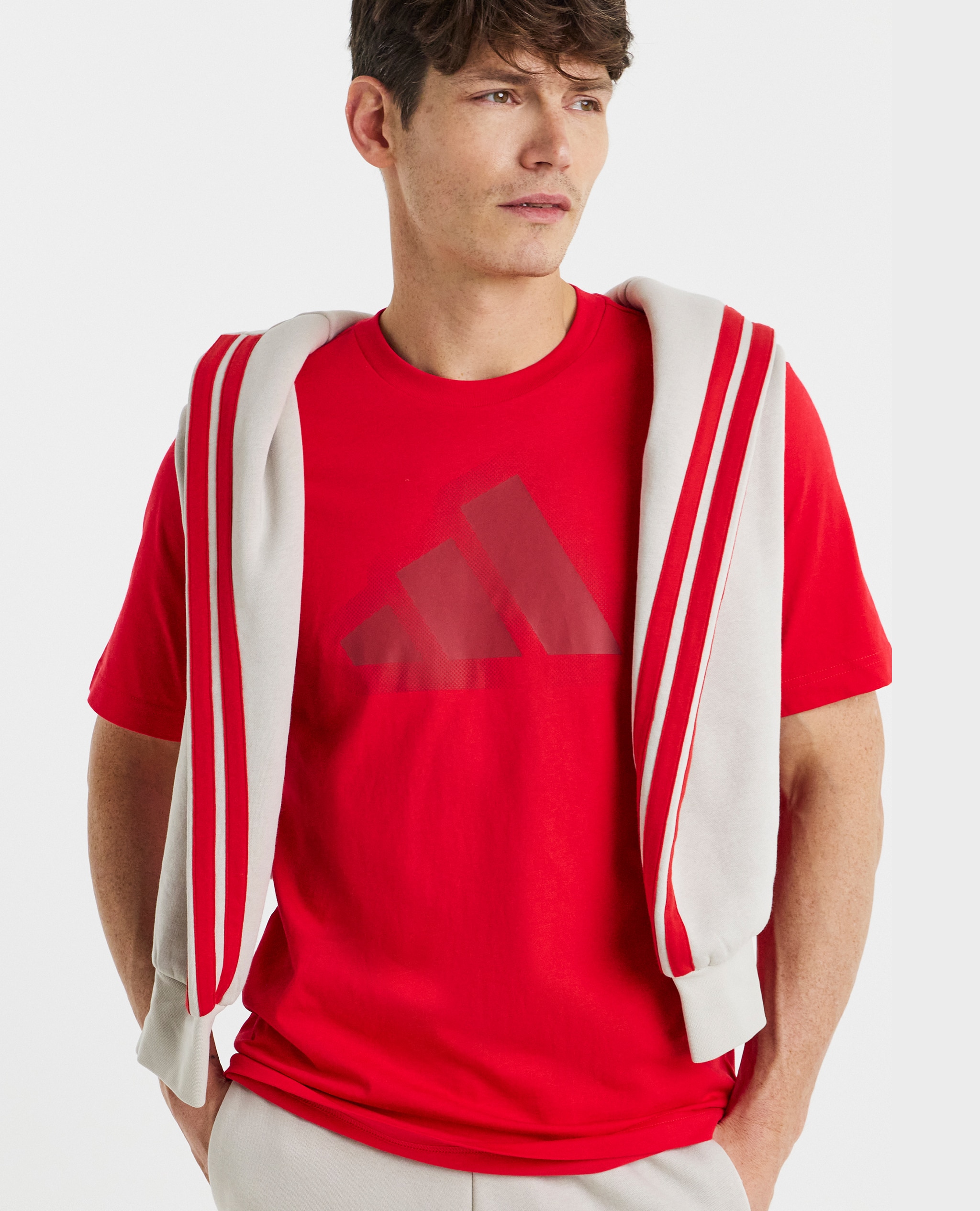 Model wears adidas Modern Essential Logo T-shirt with adidas 3 Stripes Fleece Hoodie