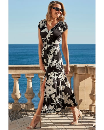 Sosandar Black Floral Print Belted Jersey Maxi Dress